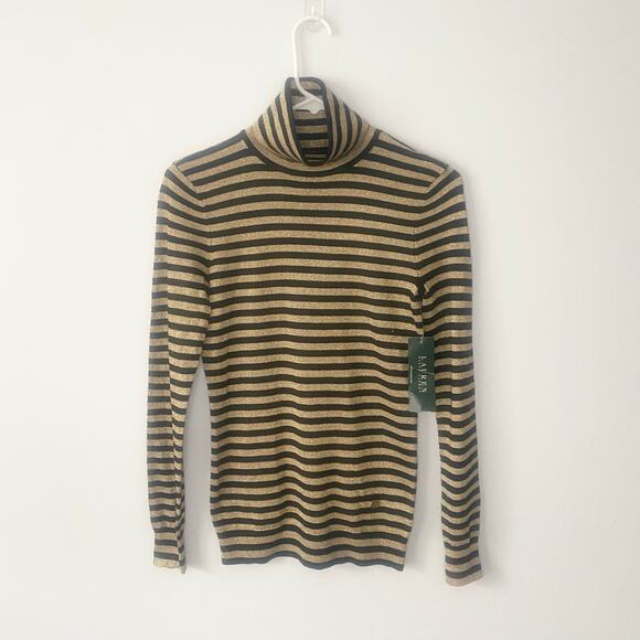 NWT Lauren Ralph Lauren Black and Gold Striped‎ Long Sleeve Turtleneck X-Small - Picture 1 of 6